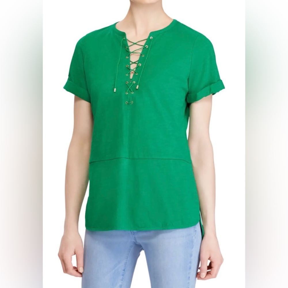 LAUREN Ralph LAUREN green Lace UP top cuff Sleeve GOLD hardware CLASSY! LARGE